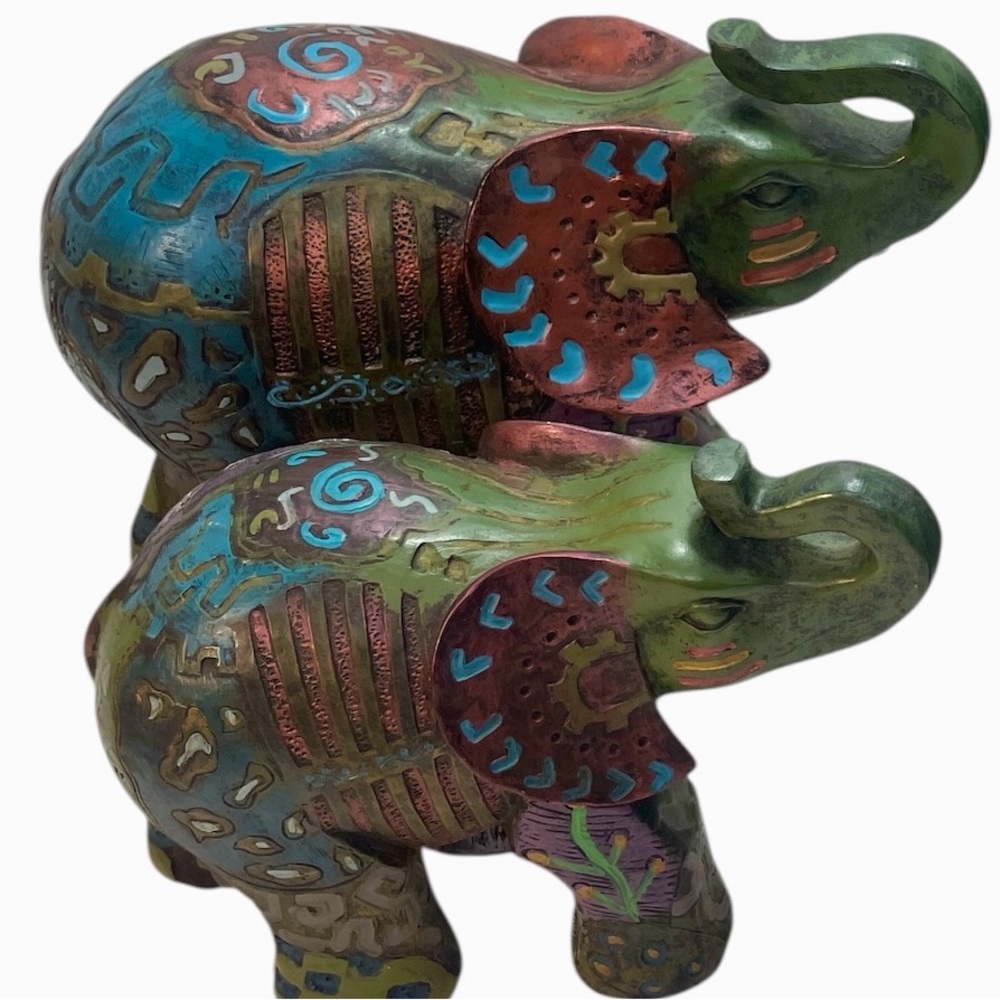 Handpainted Decorative Lucky Elephants Pair Mama & Baby Multicolor Resin